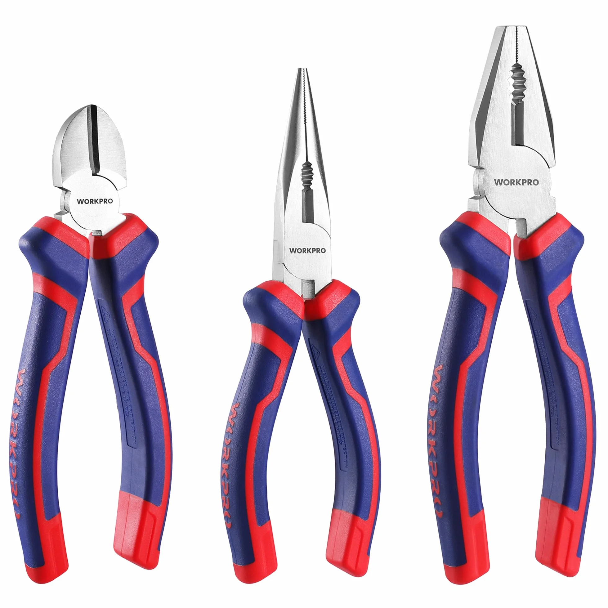 WORKPRO Set di 3 Pinze: Becchi Lunghi 160 mm, Taglio Laterale 160 mm, Combinata 180 mm - Manici Morbidi per Riparazioni Domestiche