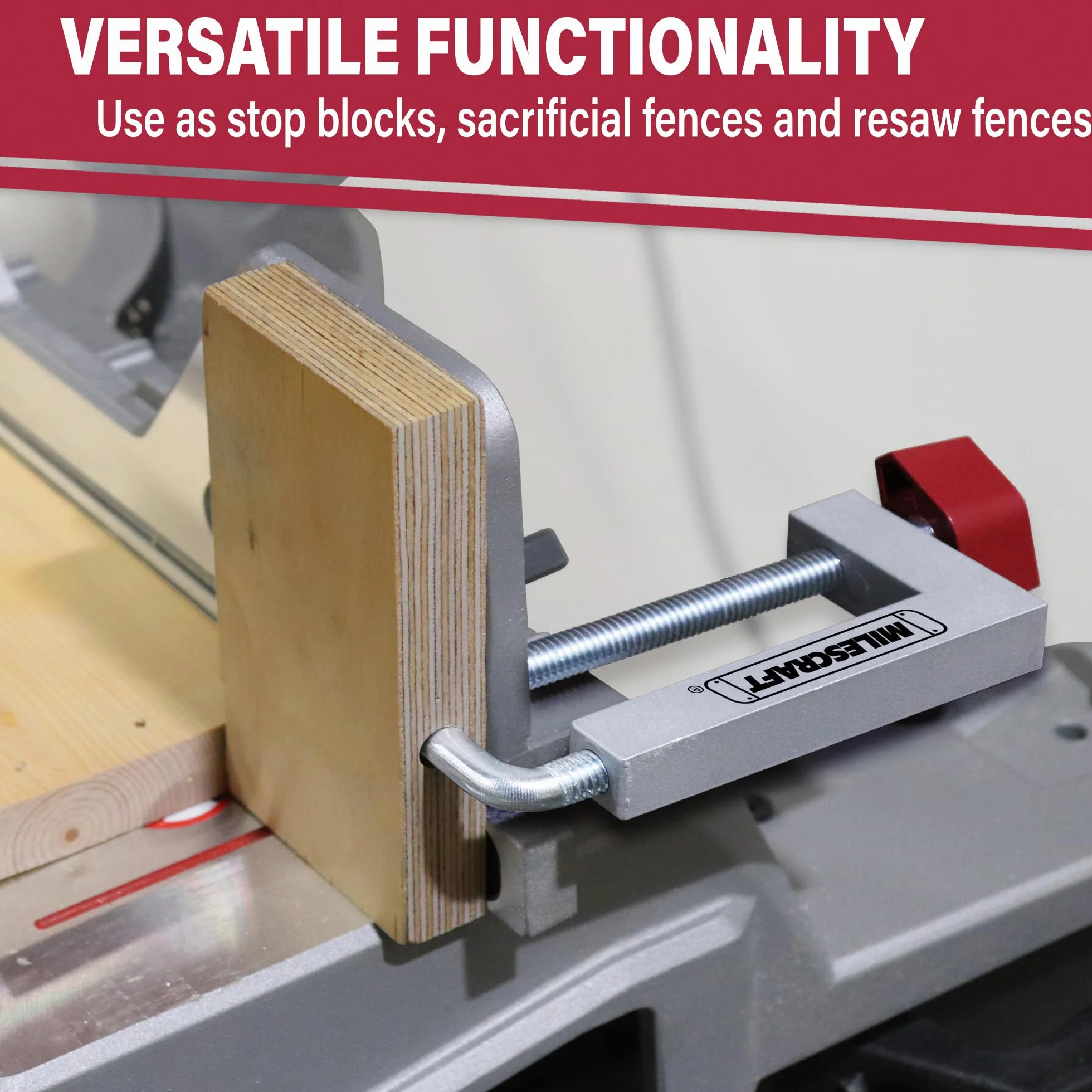 Milescraft Morsetti per recinzione 4009 – Confezione da 2 morsetti universali con asta da 3/8" per seghe da tavolo, troncatrici, banchi router e quadrati di bloccaggio