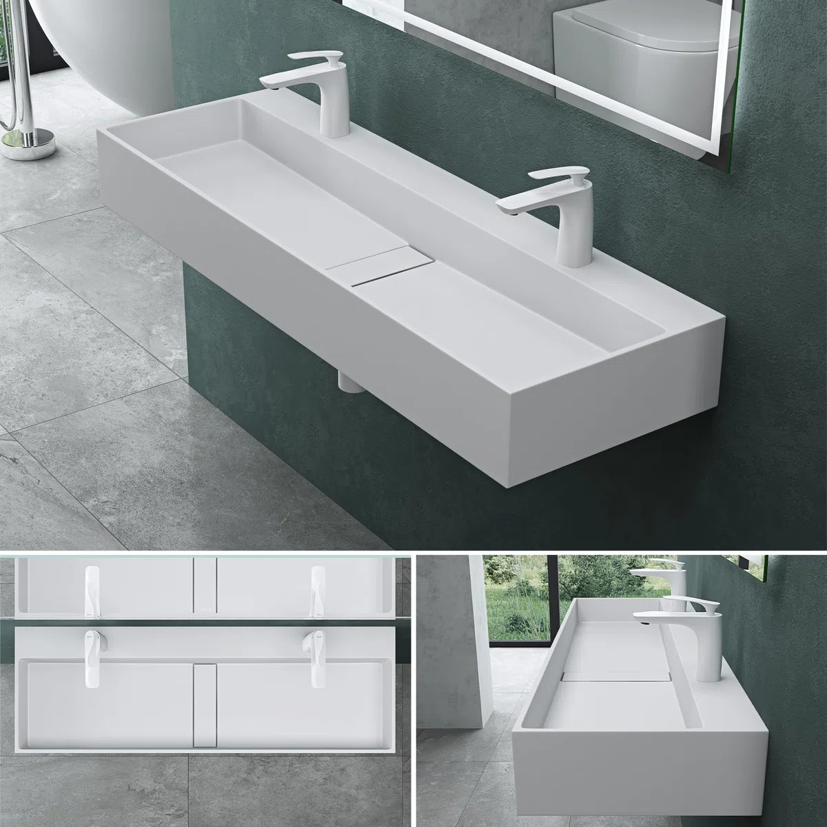 Mai & Mai Lavabo da Appoggio 120x40x12cm, Lavabo Bagno Sospeso Lavandino Bagno Colossum6028 da Marmo Fuso, due Fori per la Rubinetteria, Bianco opaco
