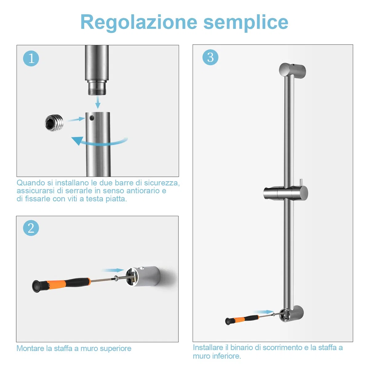 OFFO Asta saliscendi per doccia, 62 cm, montaggio a parete, distanza regolabile da 28 a 61 cm, con supporto di ricambio per soffione doccia, cromato
