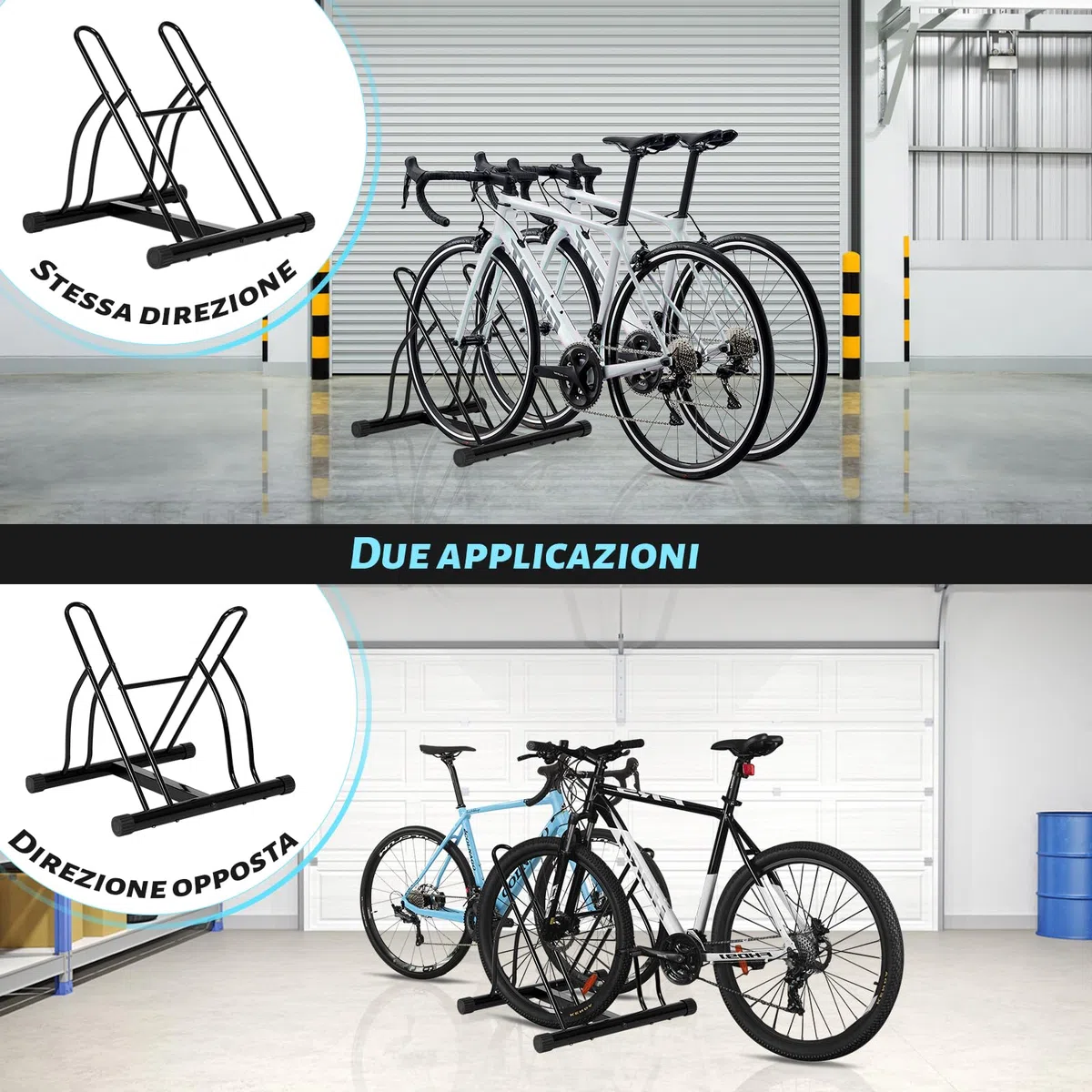 WOLTU Portabici per 2 Biciclette, Portabici da Terra, per Pneumatici da 60 mm Max, in Metallo, Garage, Casa, Giardino, Nero