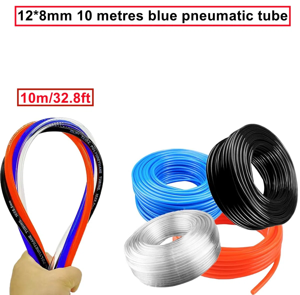 10 Metri Tubo per Aria Poliuretano Blu,12mm Diametro Esterno 8mm Diametro Interno Tubo Pneumatico per Aria Compressa,Pneumatico Flessibile 32.8ft con 14 Pcs Attacchi Rapidi