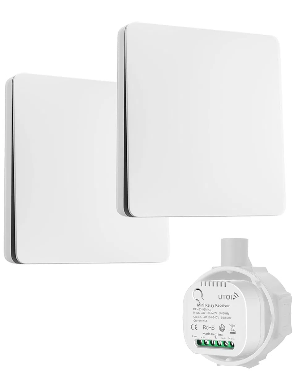 Interruttore Luce Senza Fili 2 Vie 15A 220V con Relè, Kit con 2 Interruttori Wireless Senza Batteria, Mantiene Interruttore Originale, Controllo da Più Punti, Telecomando RF per Lampade LED, Bianco
