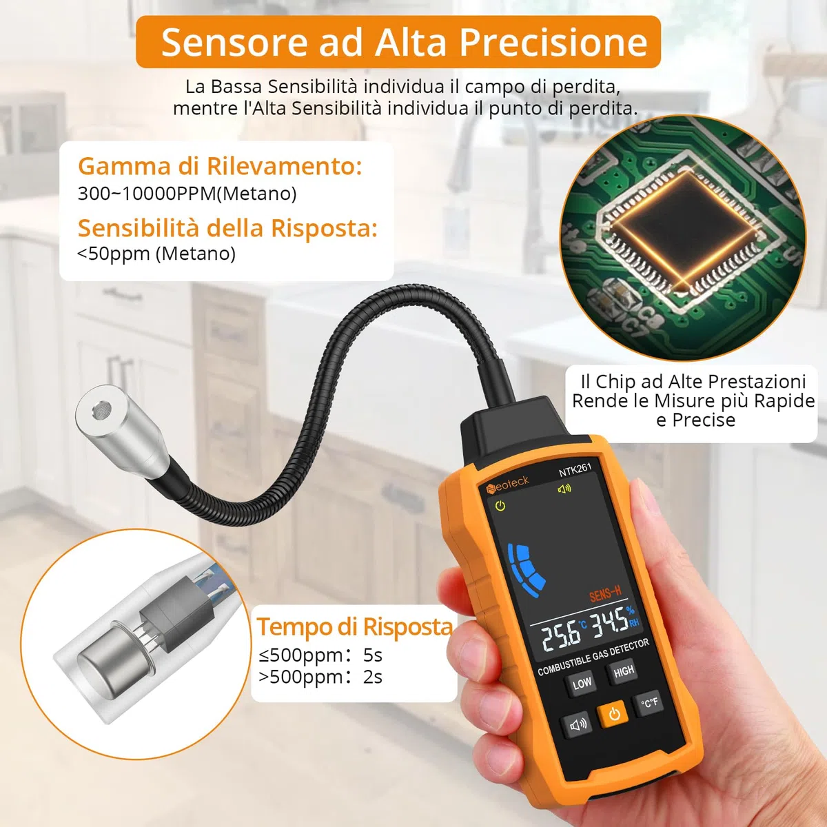 Neoteck Rivelatore di Gas Naturale con Collo d'oca da 12” Rivelatore di Gas Combustibile con Allarme Acustico e Visivo Test Metano Propano Benzina CO Gas Naturale per Gasdotto Stufa a Gas e RV
