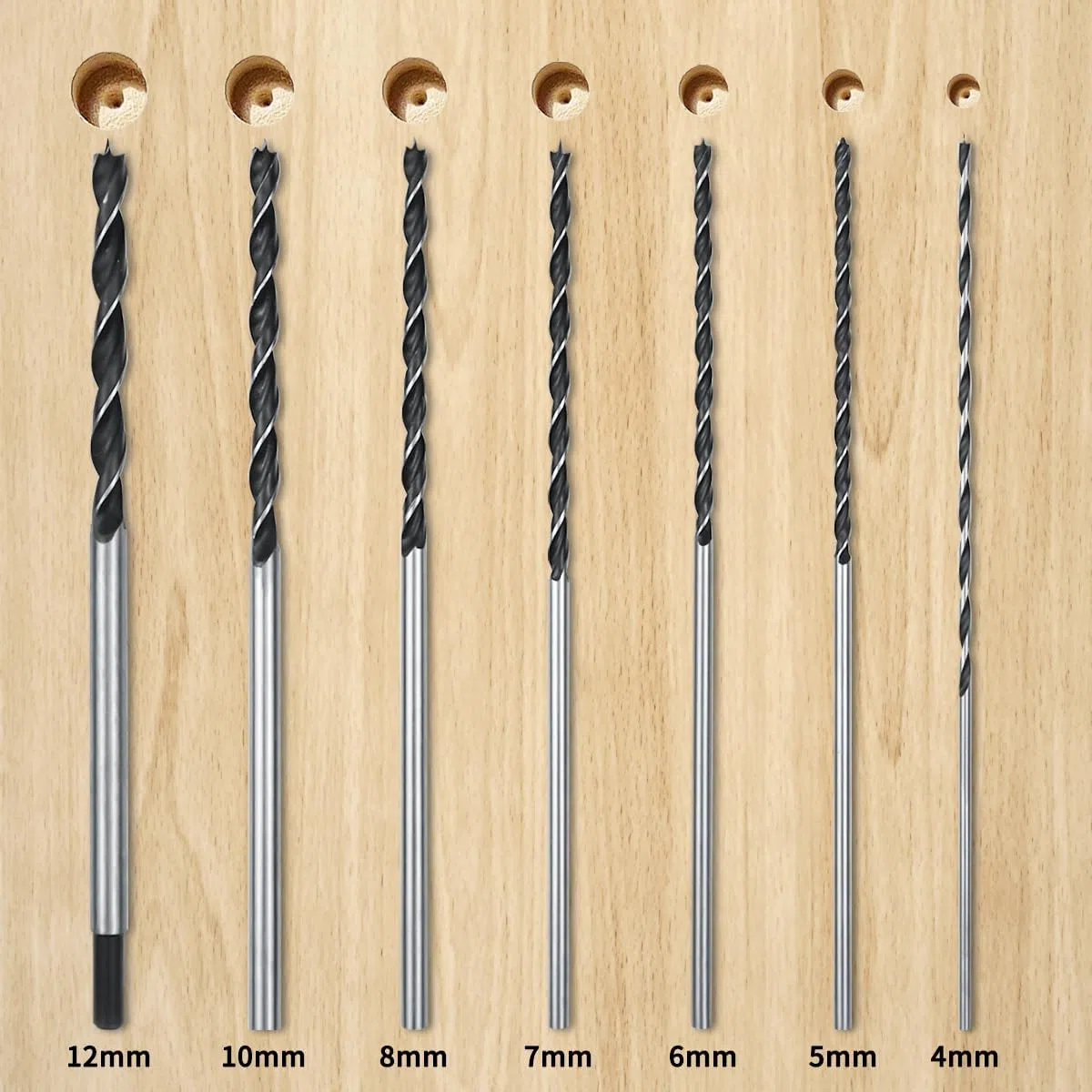 Punte Trapano Legno Punte Extra Lunghe da 300 mm - Ø 4, 5, 6, 7, 8, 10, 12mm, Tre Punte Legno per Legna, Disponibile per le Decorazioni di Edifici, Lavori di Bricolage e Modellismo
