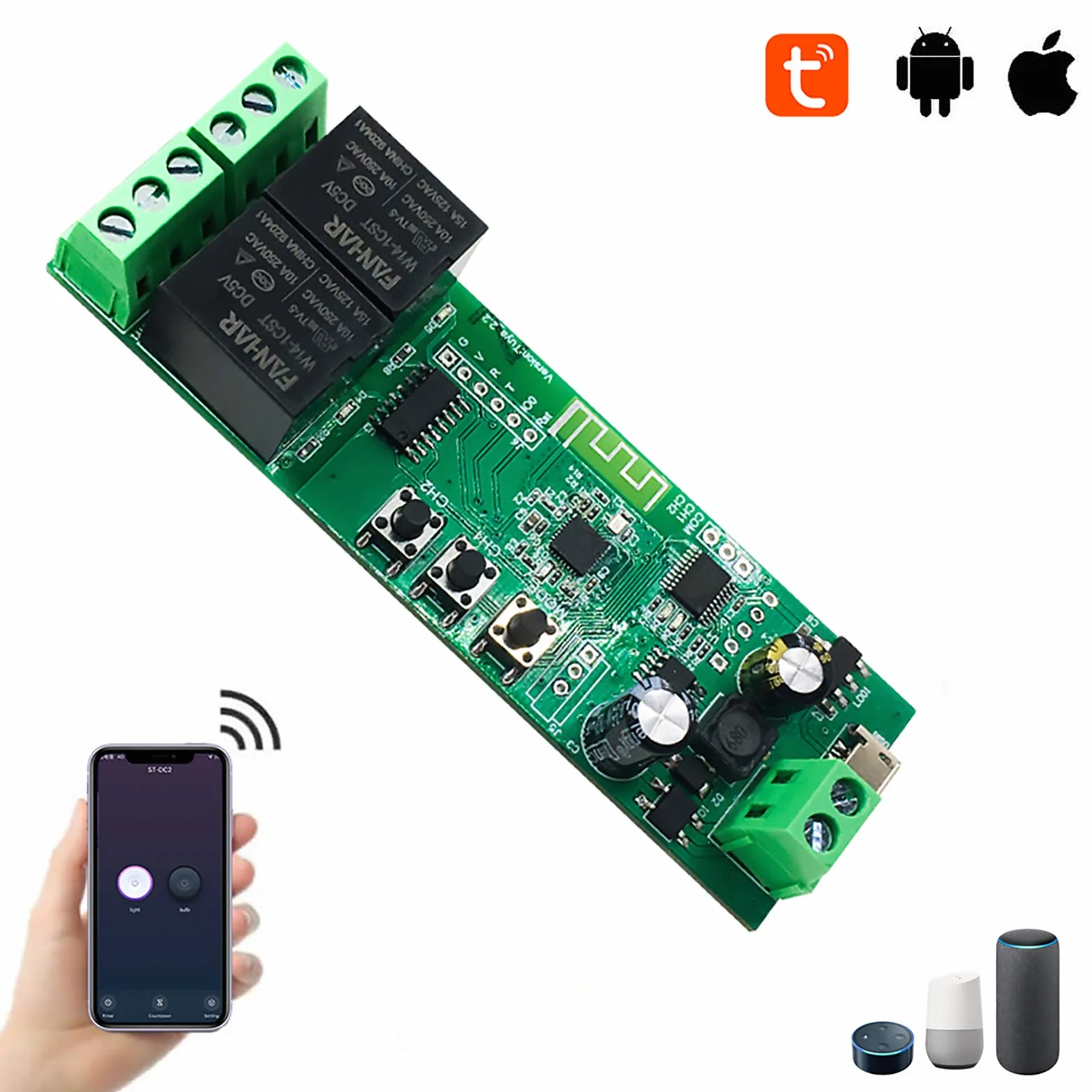 Modulo relè Smart Switch WiFi a 2 canali, TUYA/App Smart Life per telecomando Smart Home, tempo momentaneo regolabile, compatibile con Alexa/Google Assistant