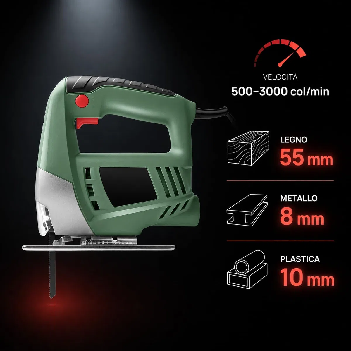 KOMBO - Seghetto Alternativo con 1 Lama, 400W - 230V, 3000 giri/min - Seghetto per Legno e Vricolage, Taglio preciso, Impugnatura Ergonomica