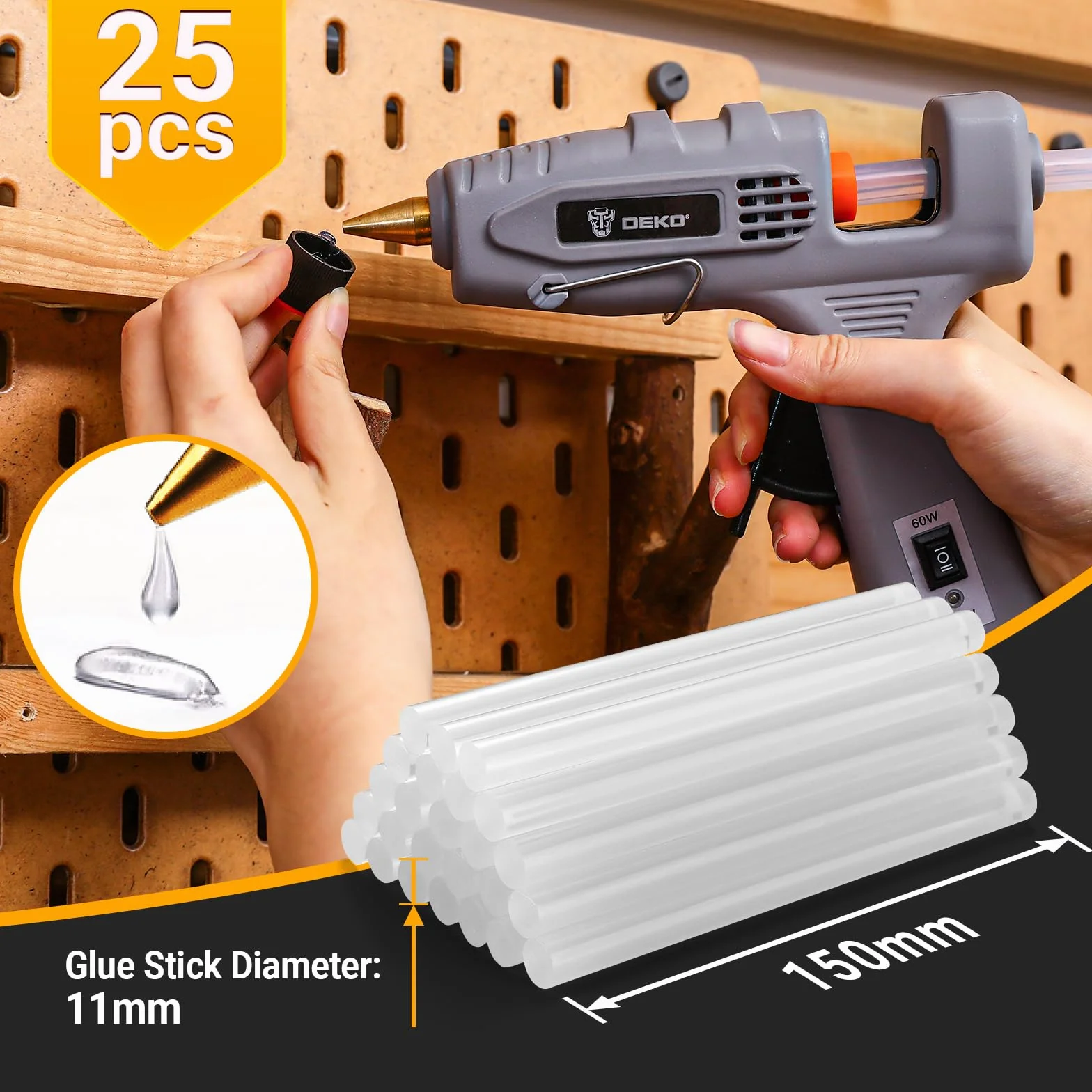 DEKO Pistola Colla a Caldo: 60/100 W Doppio Temperatura Pistola in Silicone con Una Blossa, Pistola Colla Calda con 25 Colla Stick, per Fai da Te, Arte, Scuola, Imballaggi, Riparazioni