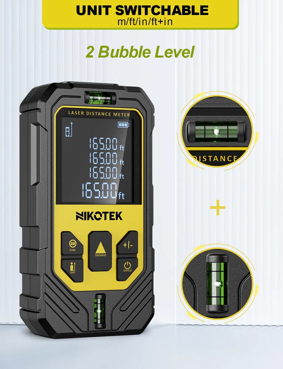 Nikotek Metro Laser, Distanziometro Laser IP54 Strumento di Misurazione Digitale Portatile Telemetro con Livelli a Bolla e Display LCD a 4 righe (2 * Batteria Inclusa)