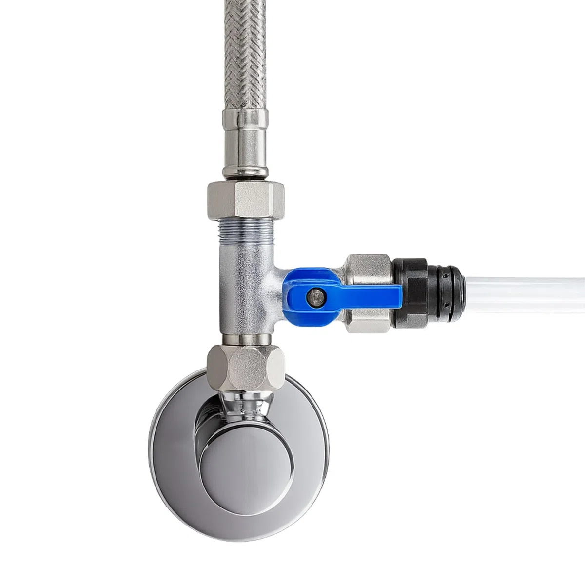 Rubinetto di intercettazione, valvola di arresto adattatore a T, diverse misure per il collegamento di filtro dell'acqua, osmosi inversa, frigoriferi side-by-side, dimensioni: (3/8 AG x 8 mm x 3/8 ÜM)
