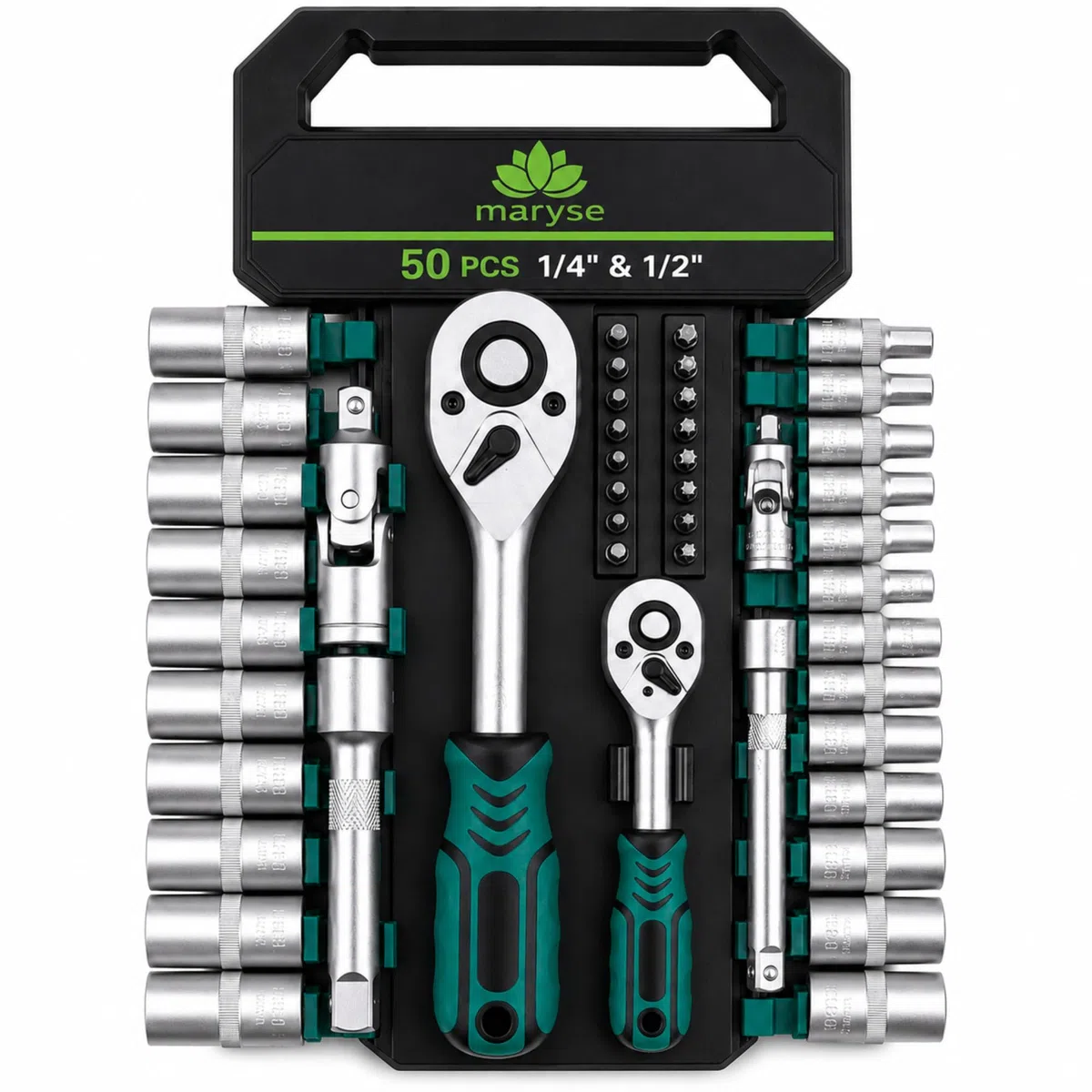 Set Chiavi a Cricchetto PROFESSIONALI 50 Pezzi 1/4" e 1/2" - Kit Cricchetto Reversibile con Chiavi a Bussola Metriche, Inserti, Prolunghe e Snodi Universali - Attrezzi per Auto, Moto, Casa e Officina