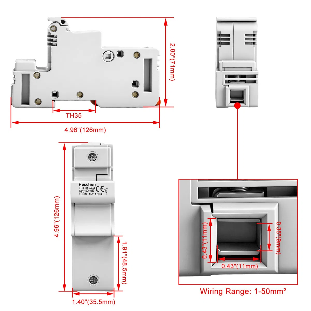 Heschen Supporto per fusibili cilindrici Base, RT18-125(RO17), 100A AC690V, 1 Polo, Montaggio su guida DIN 35mm, per RT18 RO17 22 x 58mm fusibile, Certificato CE