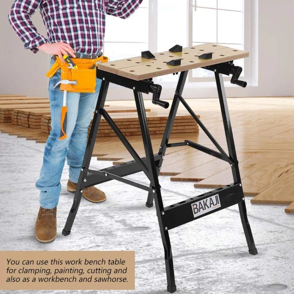 Bakaji Tavolo da Lavoro Banco Cavalletto per Troncatrici con Morsetti Regolabili Struttura in Alluminio Pieghevole e Salvaspazio Capacità Max 100Kg con Rastrelliera Portattrezzi e Guide