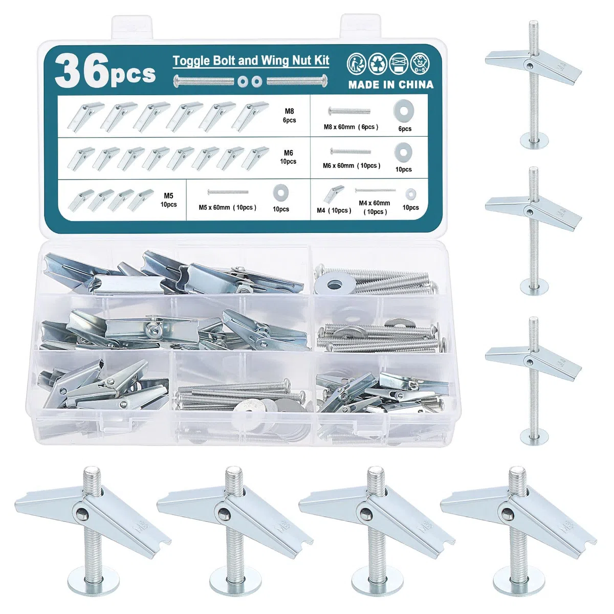 HSEAMALL 36PCS M4 M5 M6 M8 Set di bulloni a levetta e dadi ad alette per il fissaggio di pareti vuote in cartongesso e pareti a secco