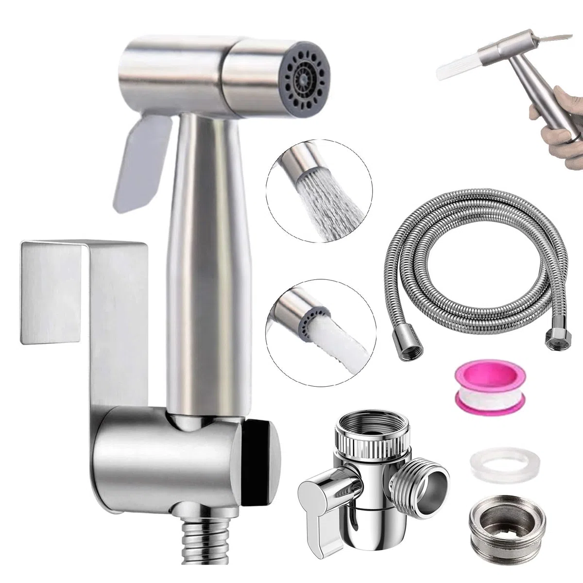 Bidet Portatile Kit Doccetta,Spruzzatore per WC con doppia modalità,doppio interruttore, in Acciaio Inossidabile, con Deviatore 2 Vie, con Tubo 1,5m e Supporto