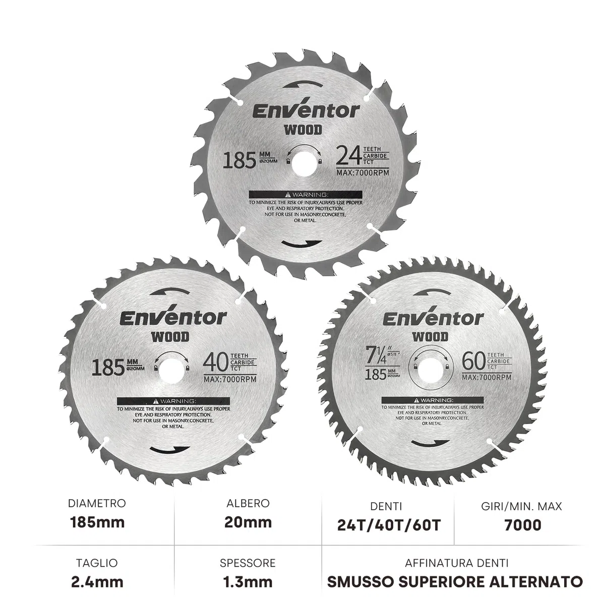 Enventor 3PCS Lama Sega Circolare per Legno 24T/40T/60T, 185mm x 20mm, Punta in Carburo di Tungsteno, Lama Sega Circolare per il Taglio del Legno, Compatibile con Enventor Seghe Circolari