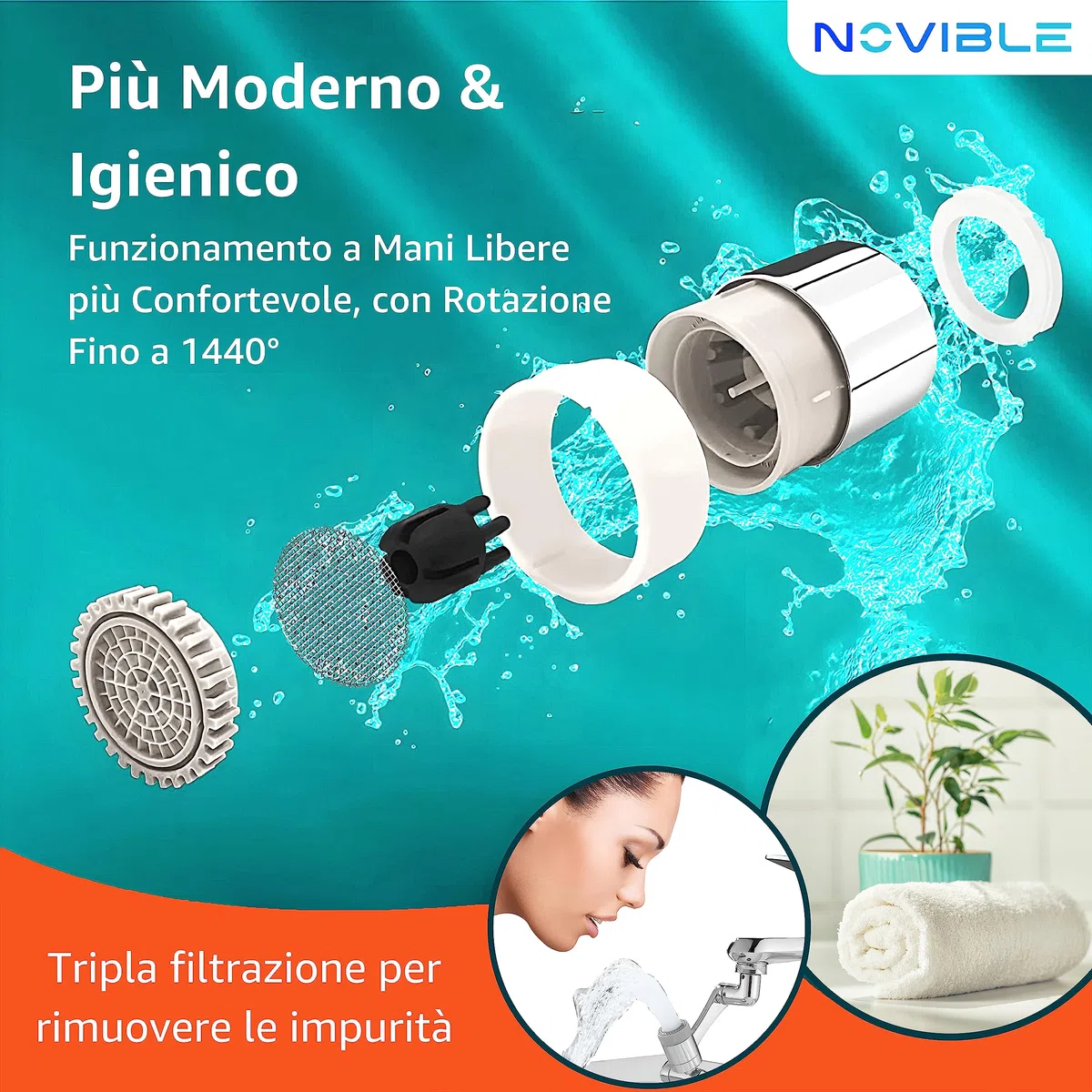 Rubinetto Rotante 1080 Gradi - Estensione Snodabile per Lavandino da Cucina e Bagno - Antispruzzo Rotante 1440° in Ottone - Aeratore Bagno 2 Modalità Acqua