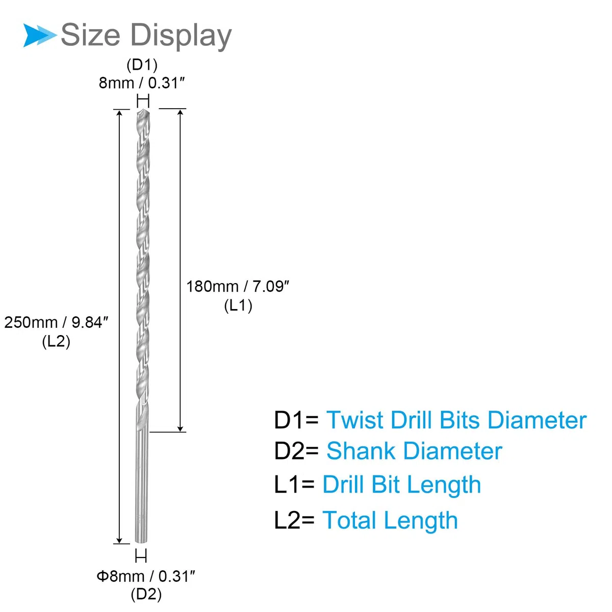 Punte da Trapano Elicoidali Extra Lunghe in Acciaio ad Alta Velocità, Diametro 8mm Lunghezza 250mm Punta Trapano Dritta Twist Jobber per Metallo Legno Plastica Alluminio, 2pz
