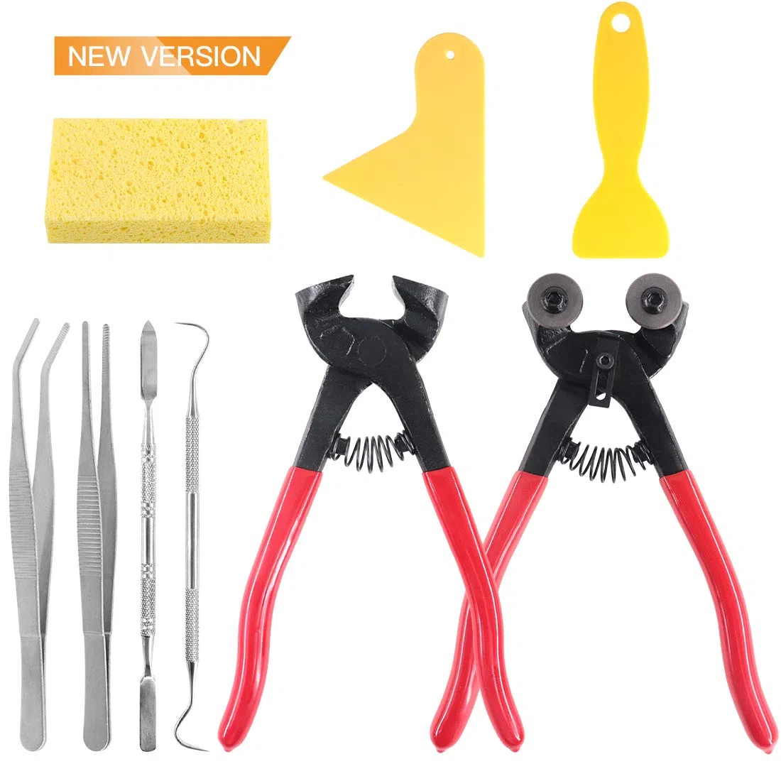 Keadic, set di 9 utensili per mosaico, tra cui raschietti, pinzette, doppio gancio, spatola, spugna, tronchesine per piastrelle in vetro e pinze con punte in carburo