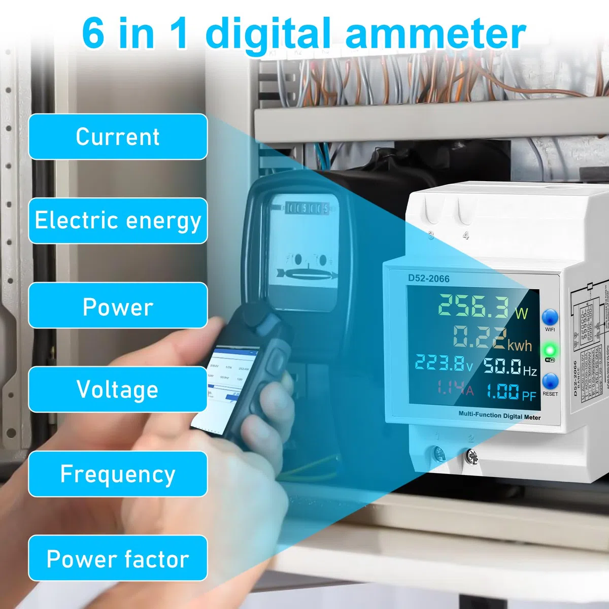 WiFi Contatore Energia Elettrica Monofase, 6 in 1 Multifunzione Misuratore Contatore AC 40-300V 100A Elettrico Amperometro Voltmetro DIN Misuratore di Elettricità con Display LCD
