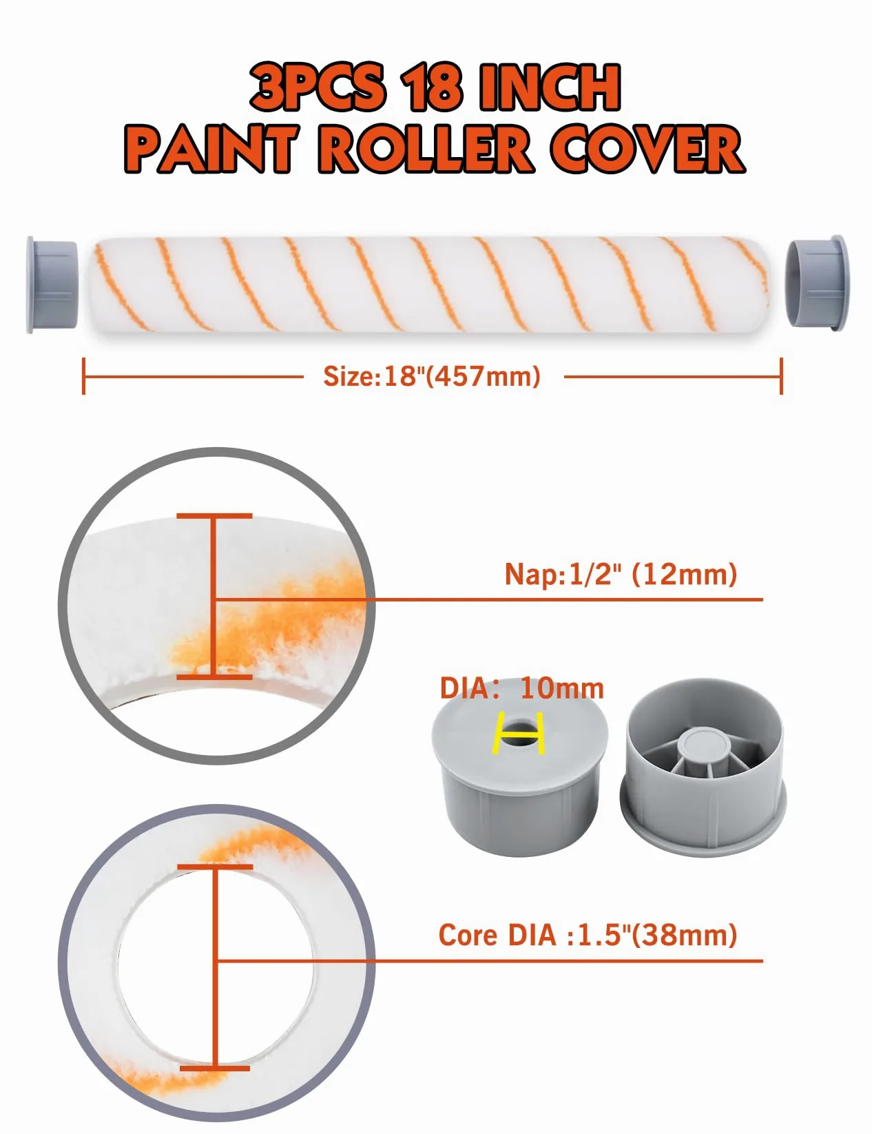 ROLLINGDOG Coperture per rullo da pittura, 45,7 cm, confezione da 3 manicotti in poliestere per pareti, soffitti, pavimenti e terrazze, senza pelucchi, lavabili e riutilizzabili
