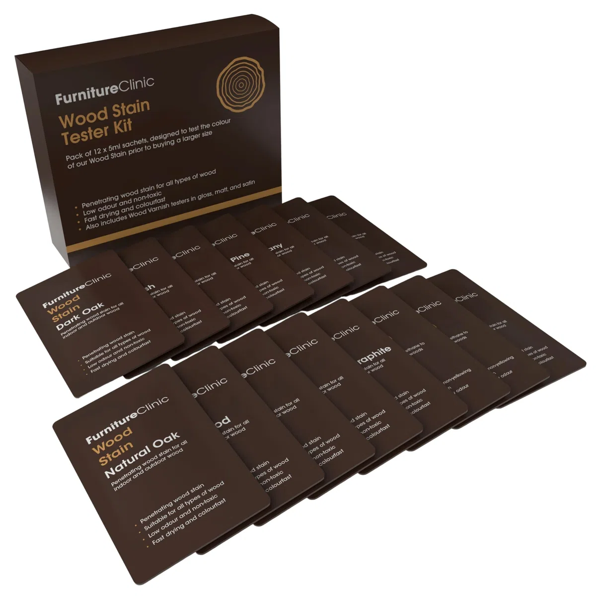 Kit Tester Mordente per Legno 5 ml in 12 Colori Furniture Clinic – A Base d’Acqua, Asciugatura Rapida, Atossico, Sicuro – per Interni ed Esterni, Mobili, Armadi, Pavimentazioni