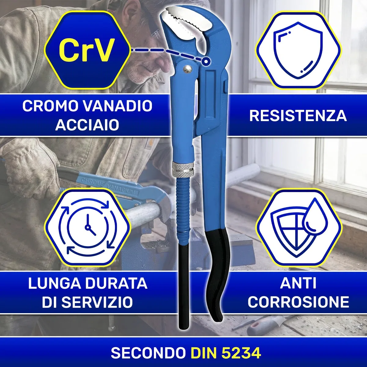 MONTERAL Pappagallo Idraulico da 1" Tipo S 320 mm - Chiave a Pappagallo è Realizzata in Acciaio Legato al Cromo-Vanadio CrV - Conforme alla Norma DIN 5234