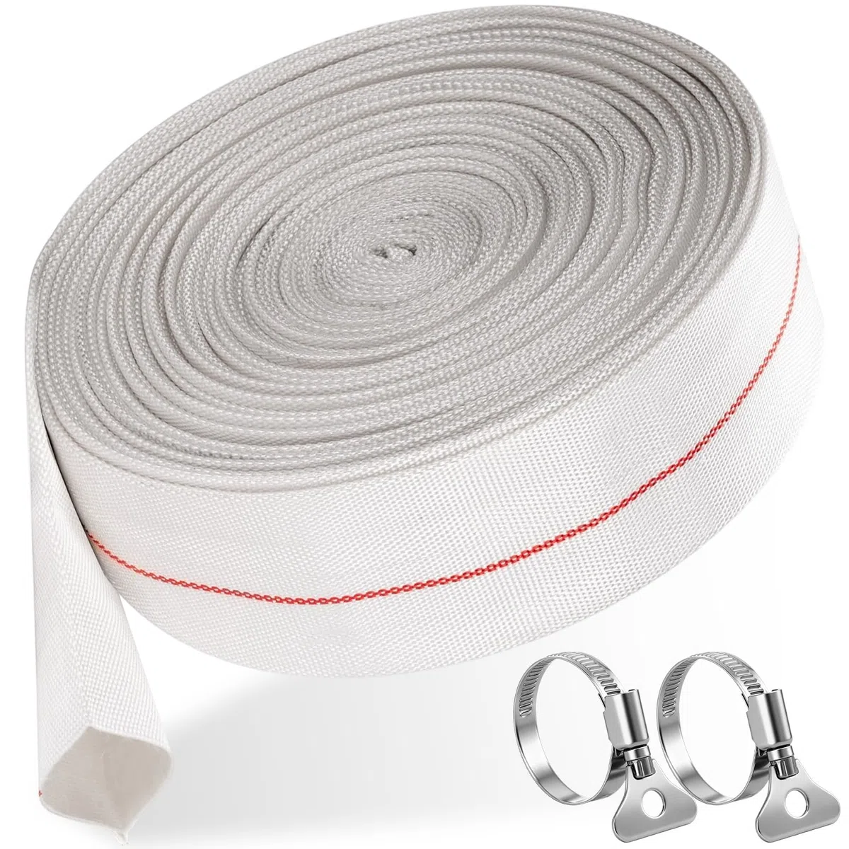 1/2 Pollici Tubo Acqua Tessuto con 2 Morsetti, Conduttura Acqua 32mm, Tubo Scarico Piatto Flessibile PVC, Conduttura Industriale per Pompe Sommergibili, Piscina, Giardino Irrigazione (Bianco)