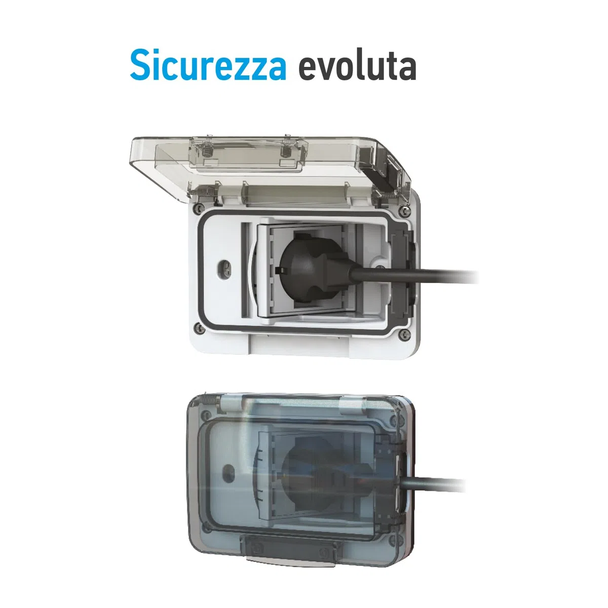 4box - Custodia Wide grado di protezione IP55 completa di presa schuko bivalente. Per scatola incasso 3 moduli. Protezione totale anche a spina inserita. Colore Bianco