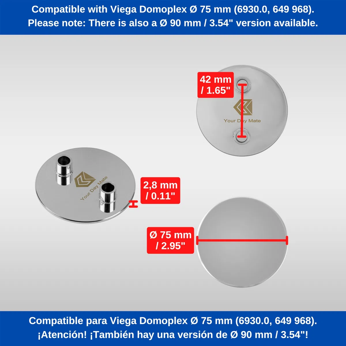 Coperchio in acciaio inox per scarico doccia, Ø 75 mm, compatibile con il set di scarico Viega Domoplex, sostituisce il modello 6930.0, per piatto doccia con foro di scarico Ø 52 mm, coperchio doccia