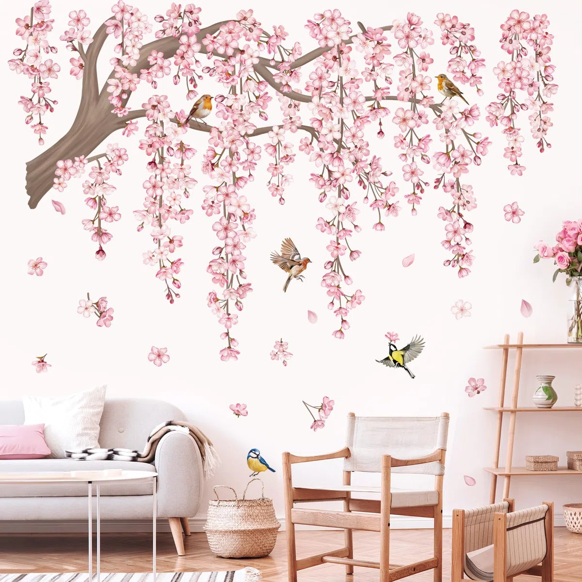 decalmile Adesivi Murali Fiori Rami Albero Rosa Grande Adesivi da Parete Fiori di Ciliegio Rosa Uccelli Decorazione Murale Camera da Letto Soggiorno TV Sfondo