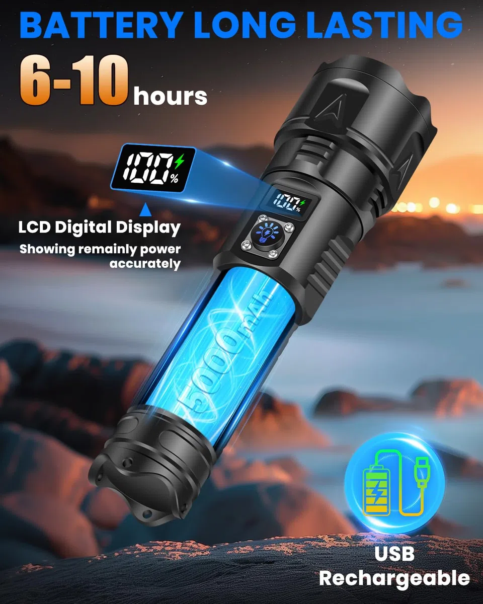 LEKIA Torcia LED Ricaricabile USB-C, 500000 Lumens Potente Torcia Elettrica Militare Professionale, Alta Potenza Torce Zoomabile IP65 Impermeabile 5 Modalità Per Campeggio Emergenza(Batteria 5000mAh)