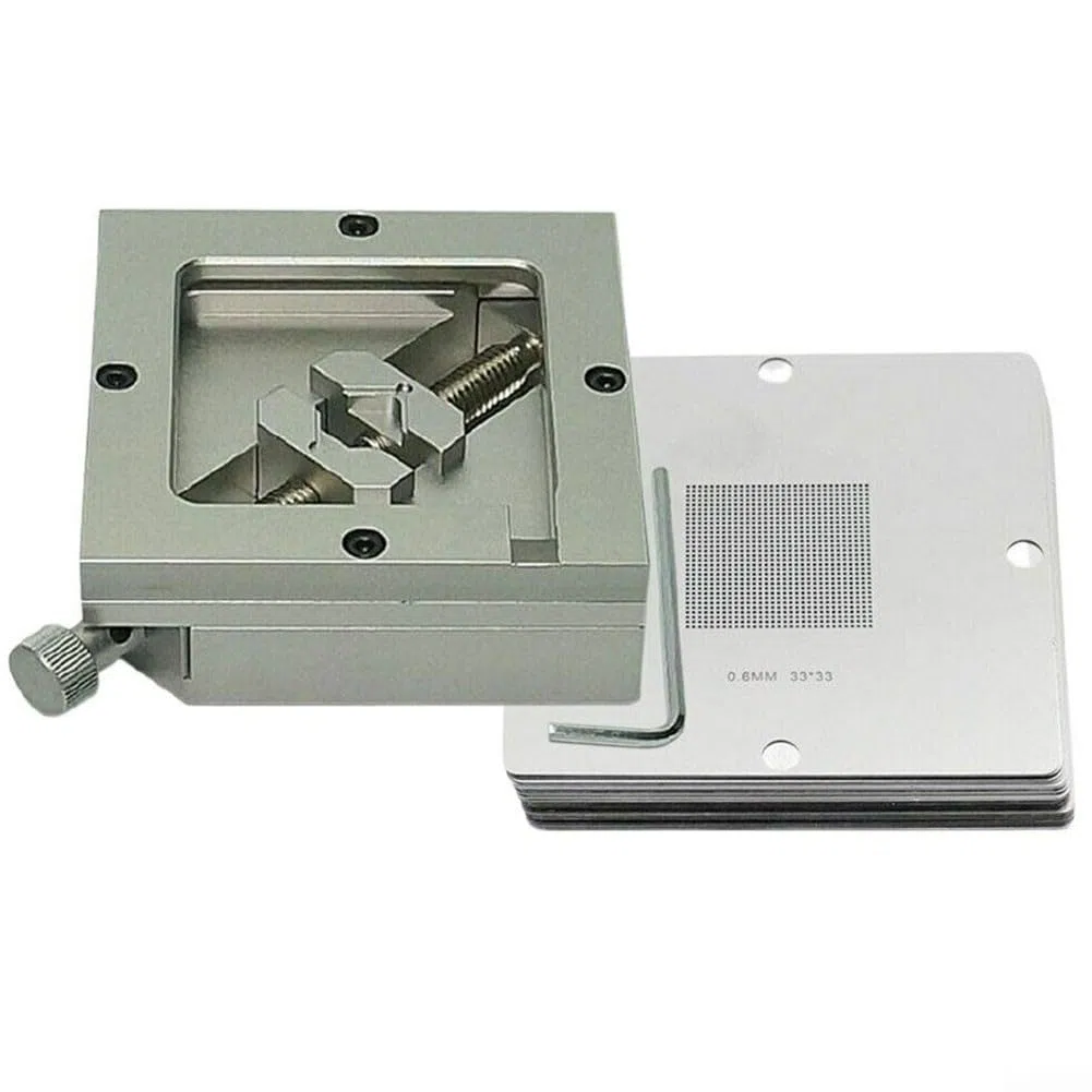 Kit per stazione di reballing con dispositivo di saldatura da 90 mm e 10 modelli stencil per riparazione di array di sfere PCB staffa in metallo resistente (90 mm solo per maschera BGA)