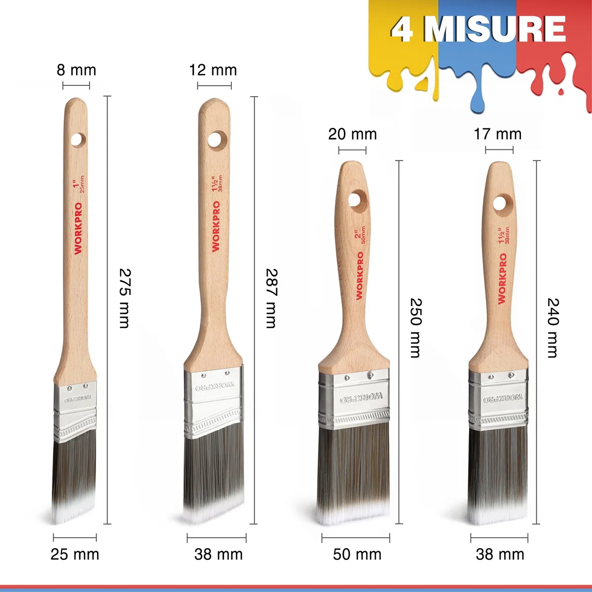 WORKPRO Set di 4 Pennelli per Pittura Professionali con Manico in Legno Resistente, 100% Certificato FSC, 2 Pennelli Piatti 25mm/38mm, 2 Pennelli Angolari 25mm/38mm, Nessuna Perdita di Capelli