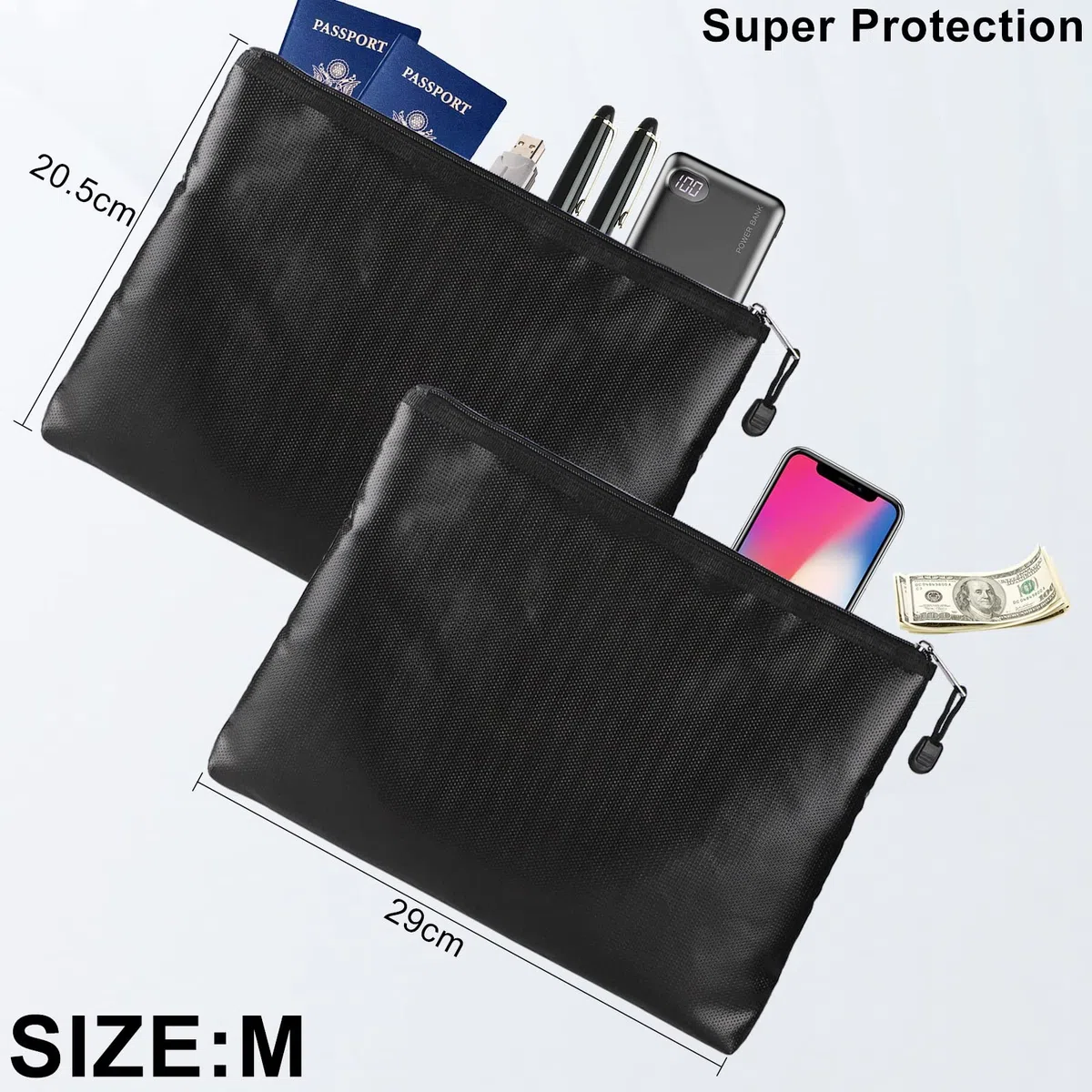 DBREAKS 2 Pezzi Borsa per documenti ignifuga 29 x 20 cm, Nero Borsa a prova di fuoco, borsa impermeabile del documento, Sacchetto Antincendio Impermeabile, per documenti, contanti, passaporto