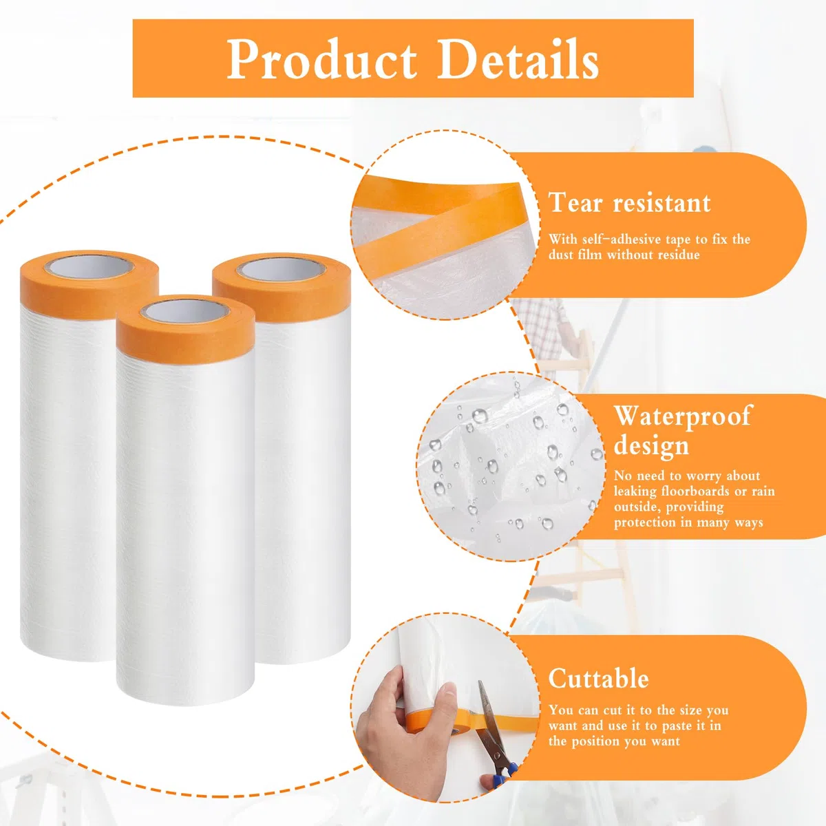 6 Rotoli 150 cm x 20 m Pellicola Adesiva Per Mascheratura, Telo Protettivo Per Pittura, Film Per Mascheratura Con Nastro Adesivo per Mobili, Muri
