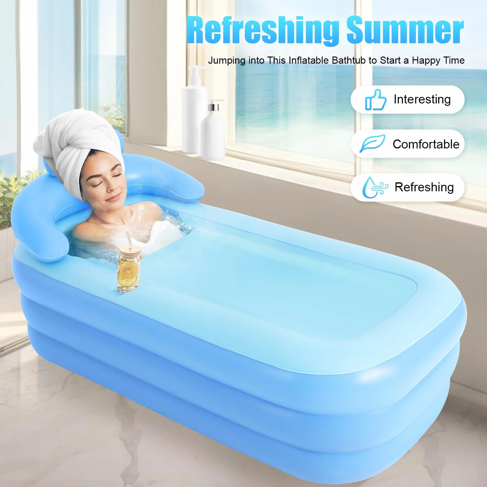 Vasca da bagno pieghevole per adulti con cuscino per il collo, robusta vasca a 3 camere senza pompa, piscina mobile spa per giardino, balcone e campeggio