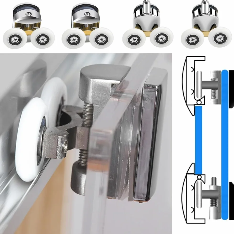 8 Pezzi Ruote della Doccia, Ruote per Porta Doccia, Rulli Doccia per la Porta, Ruote per Porte in Vetro, per Porte del Bagno con uno Spessore Vetro di 4-6 mm, 4 Rulli Superiori e 4 Inferiori