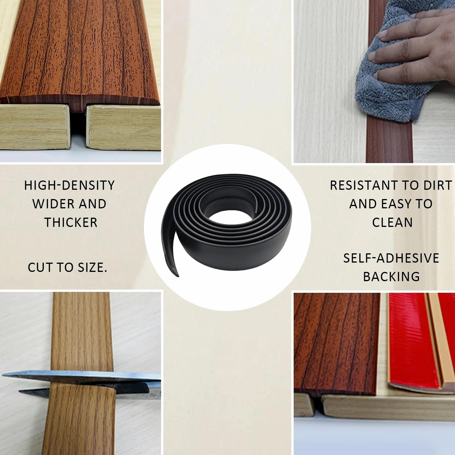 Profilo di transizione autoadesiva, larghezza 50 mm, striscia di transizione autoadesiva in PVC, forma a T, flessibile, per laminato/MDF e pavimenti in legno (nero, 3 m)