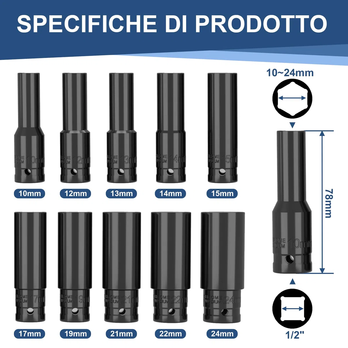 10 Pezzi Chiavi a Bussola Lunghe 1/2, Set Bussole 1/2", 10-24mm Bussole a Impulsi con Custodia in Plastica, para Riparazioni Auto Cambio Gomme