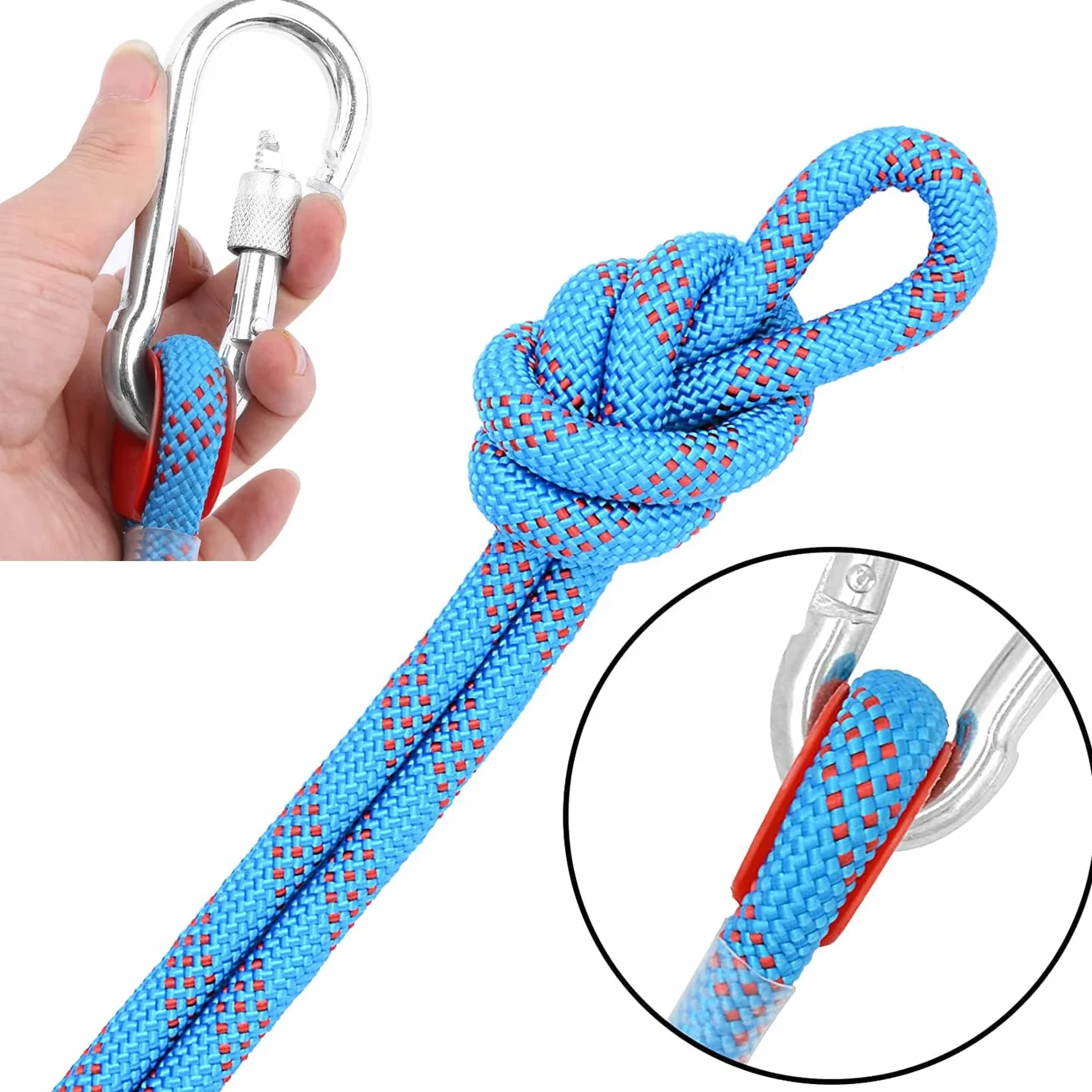 10M Corda da Arrampicata Fune di Sicurezza, 10mm Corda per Arrampicata su Roccia, Corda per Arrampicata All'Aperto con 2 Moschettone per Alpinismo, Campeggio Sportivo All'aperto, Fuga, Rosso