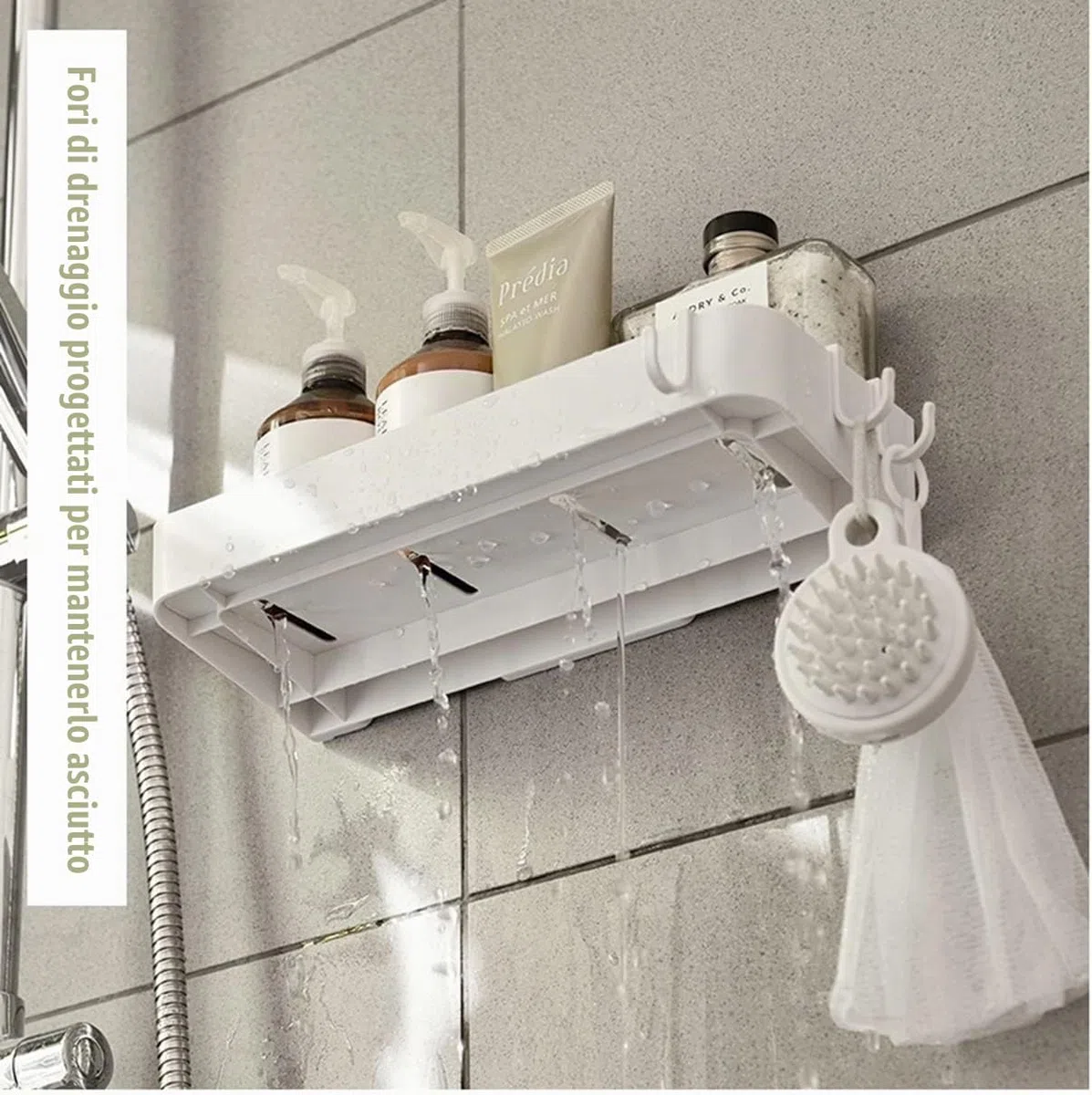 Mensola Doccia Senza Foratura Bianche, Mensole Bagno Adesive, Portaoggetti Doccia con 6 Gancio per Bagno Lavabo Cucina, 2 Pezzi