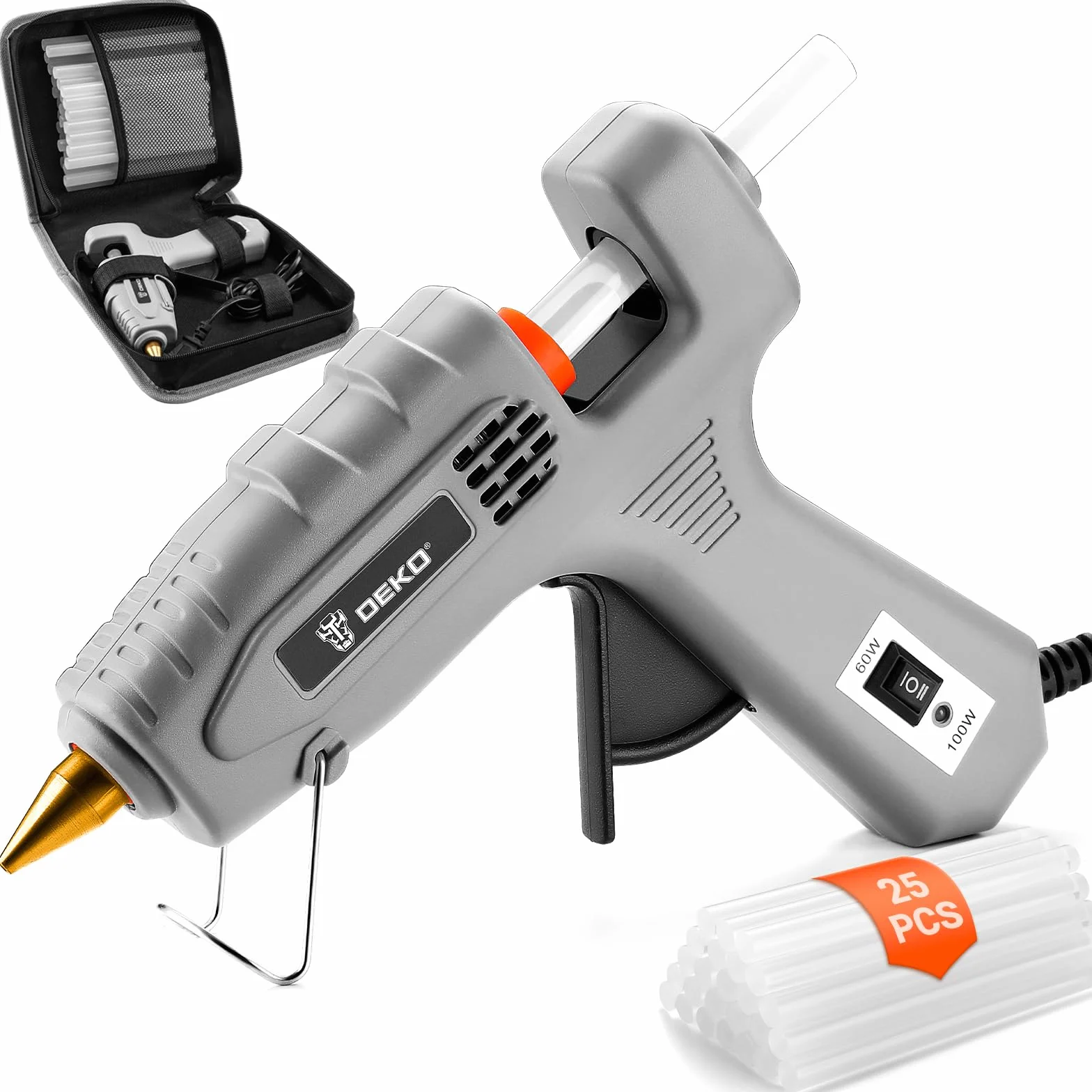 DEKO Pistola Colla a Caldo: 60/100 W Doppio Temperatura Pistola in Silicone con Una Blossa, Pistola Colla Calda con 25 Colla Stick, per Fai da Te, Arte, Scuola, Imballaggi, Riparazioni