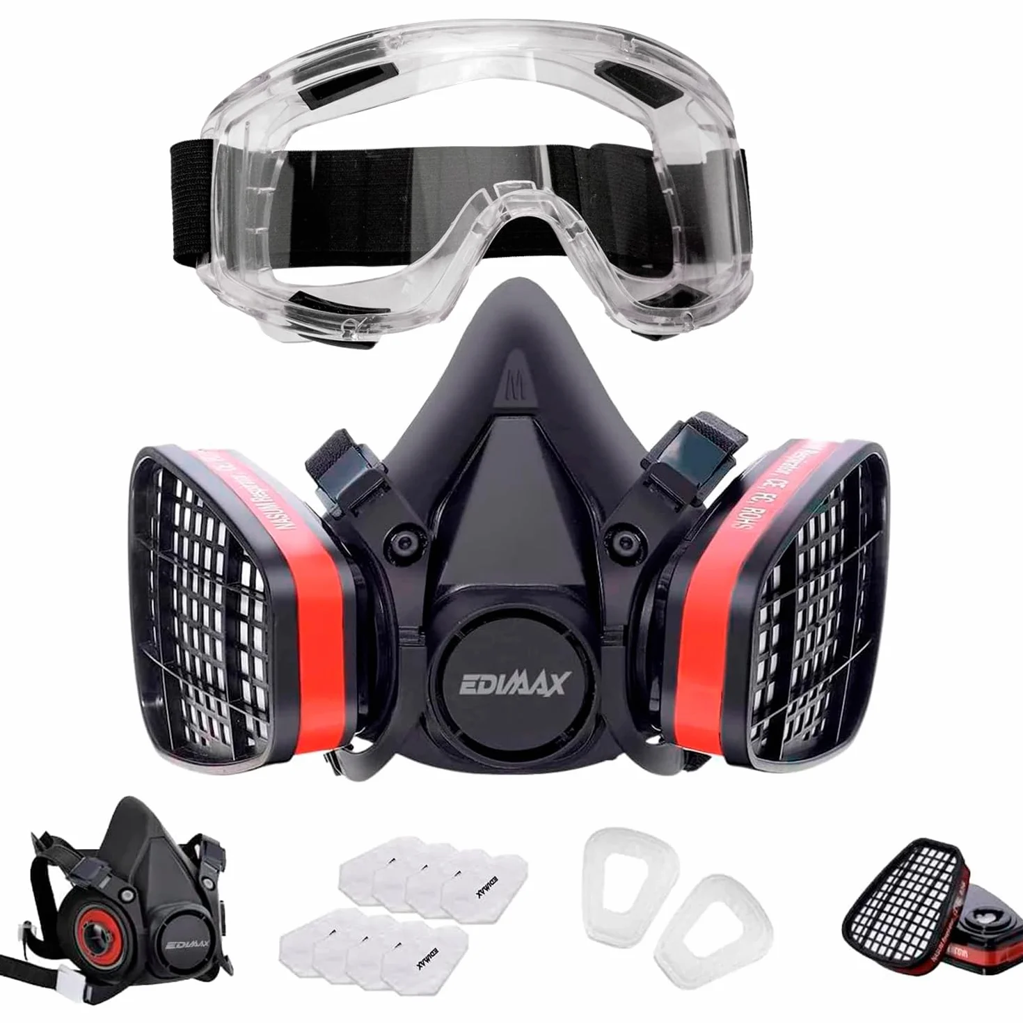 EDIMAX, Maschera Antigas, Maschera per Verniciatura, con Occhiali + 8 Filtri di Ricambio, Maschera Respiratoria, Riutilizzabile, Antipolvere, Fumigazione, Protezione e Sicurezza