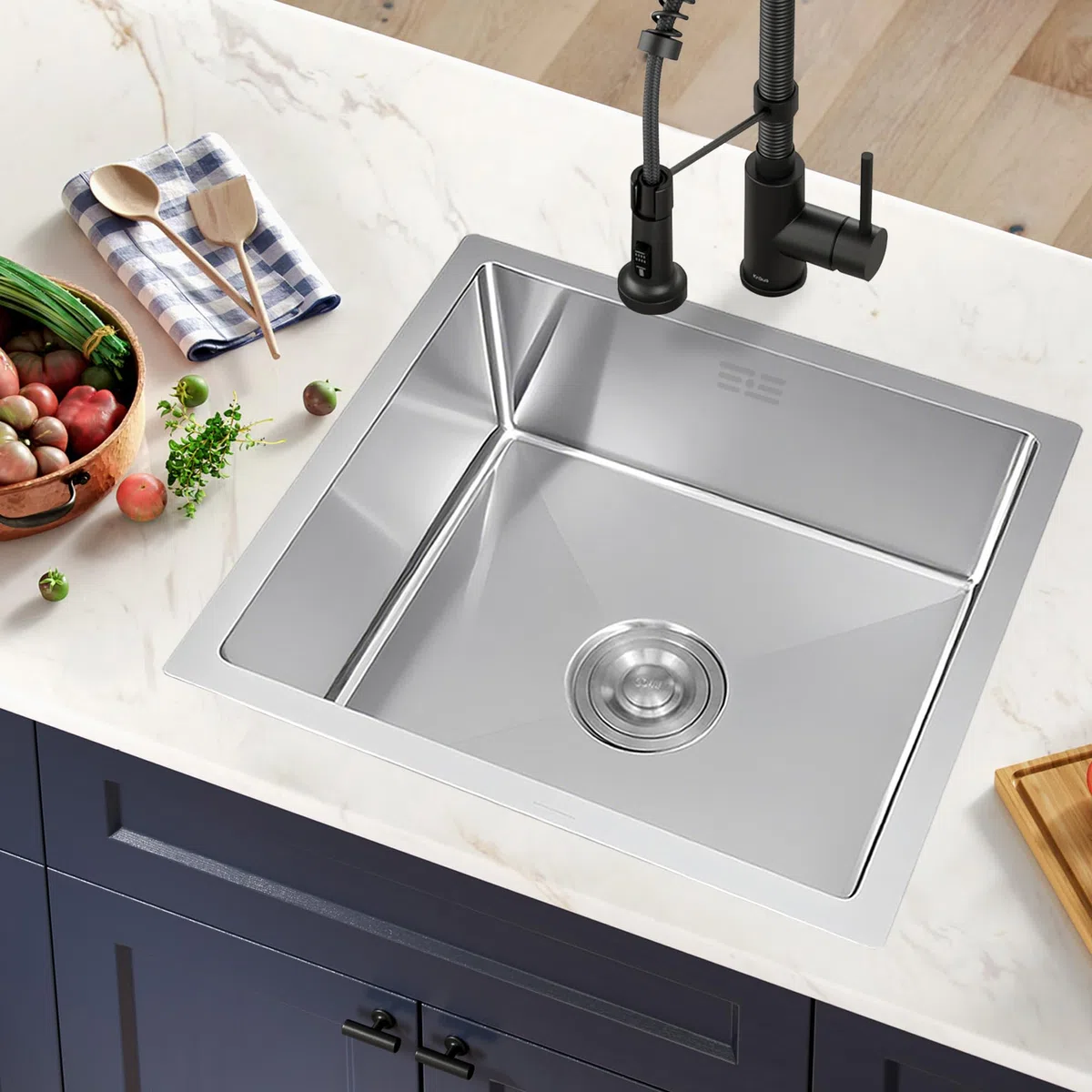 Lavello Cucina in Acciaio Inox 304, 45 x 45cm Lavello da Cucina Piccolo, Lavello a Vasca Singola con Set di Drenaggio, Sottopiano e Incasso (Argento)