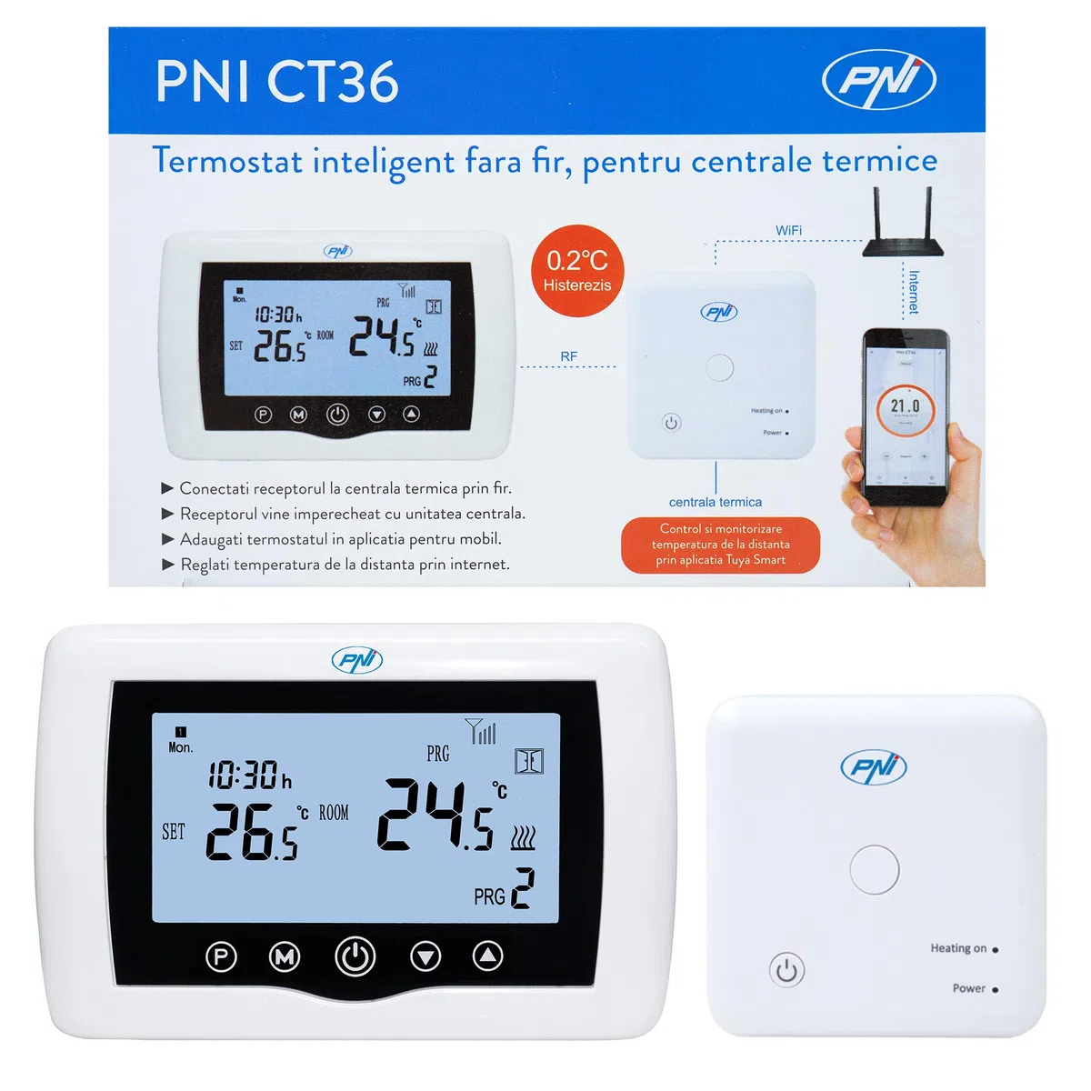 Termostato intelligente PNI CT36 wireless, con WiFi, controllo Internet, per centrali termiche, APP TuyaSmart