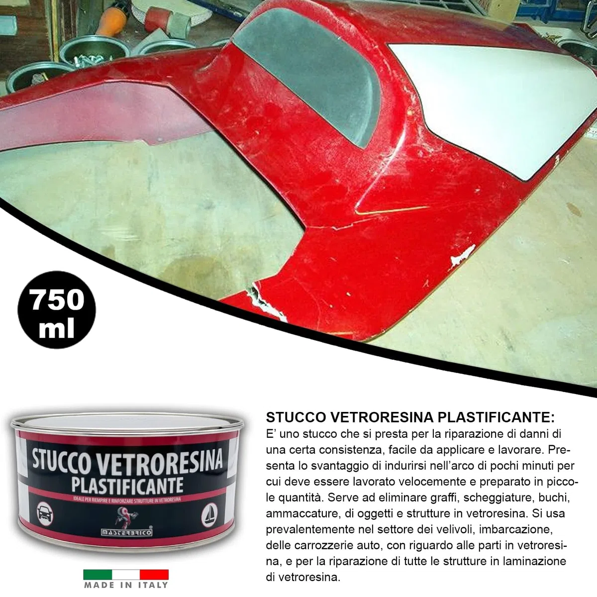 MASTERBRICO Kit Stucco Vetroresina Bicomponente 750 ml + Gelcoat Paraffinato 1 kg – Finitura e Riparazione Professionale per Nautica, Vetro Moto, Laminati e Carrozzeria