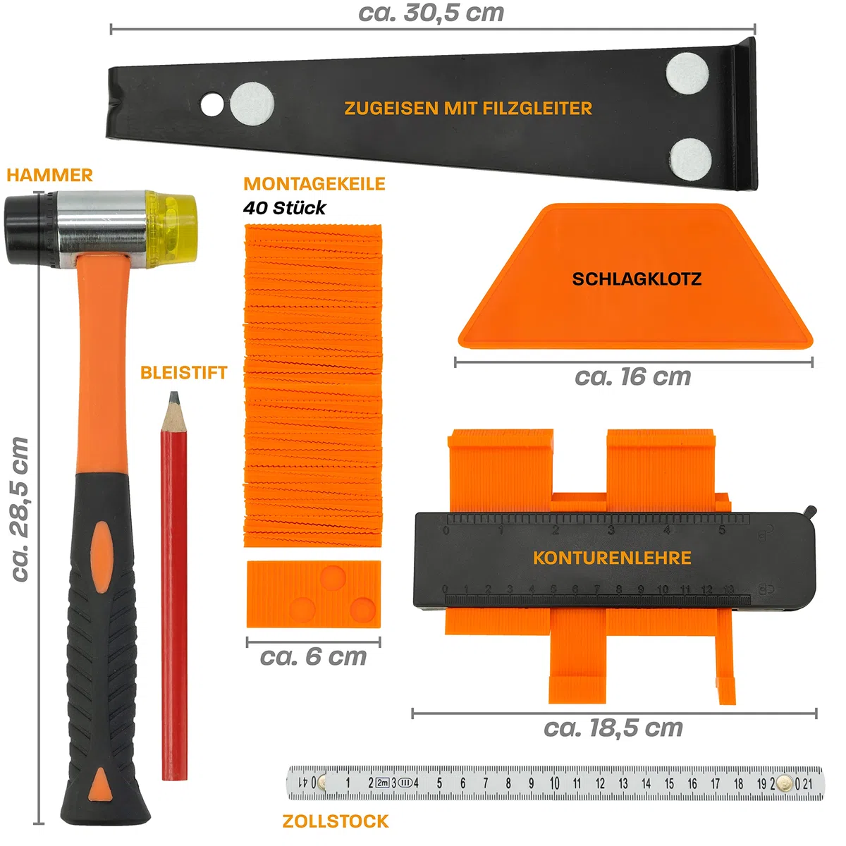 Hinrichs Set per la Posa di Laminati - Set Completo da 46 Pezzi - Attrezzi per la Posa di Pavimenti - Parquet, Pavimenti in Vinile, Pavimenti in Laminato - Accessori per la Posa di Pavimenti