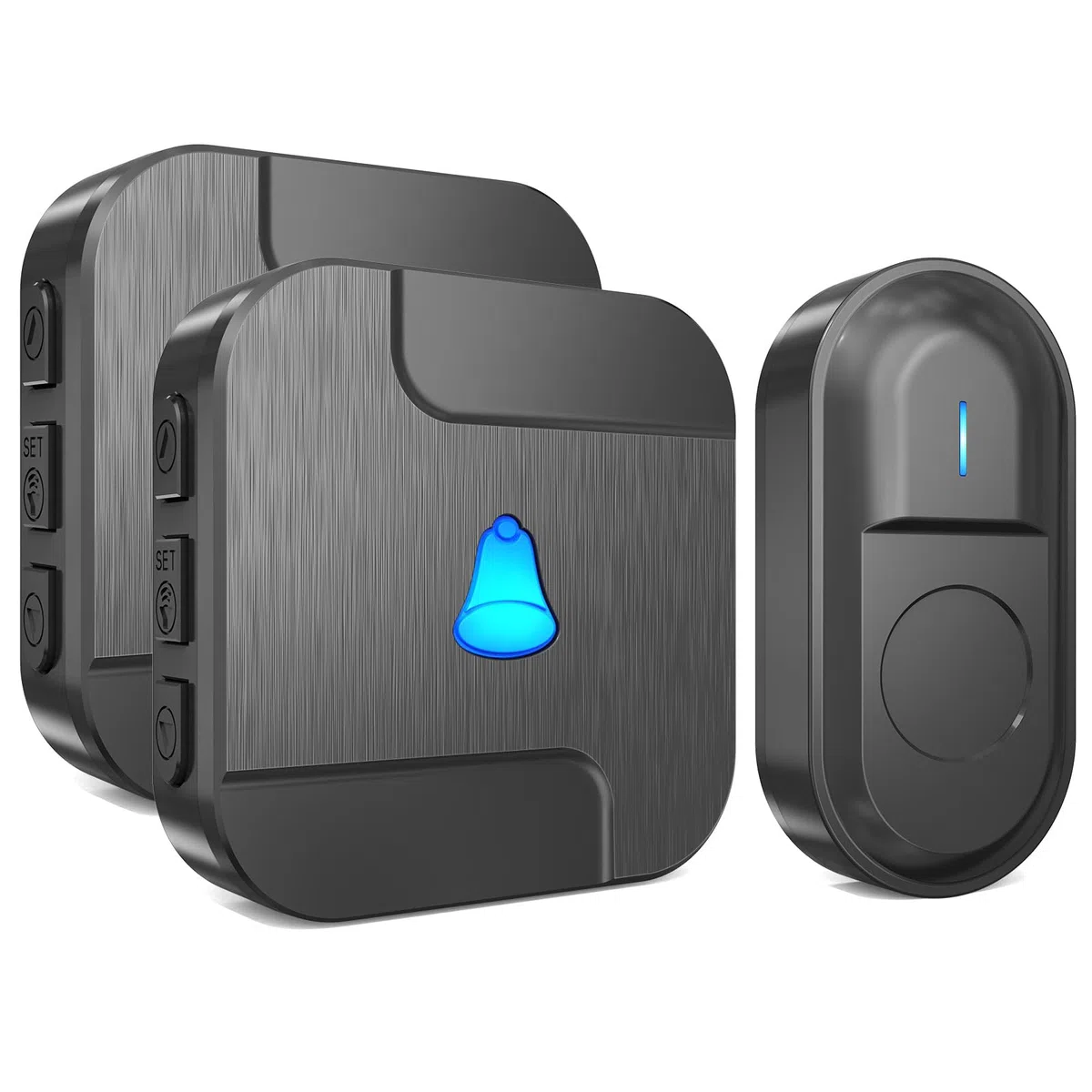 SURFOU Campanello Wireless Senza Fili da Esterno con Batteria, 300M Distanza Impermeabile,55 Suonerie includere il Natale 5 Volumi Selezionabili per gli Anziani 2 Casa interno Ricevitore Nero