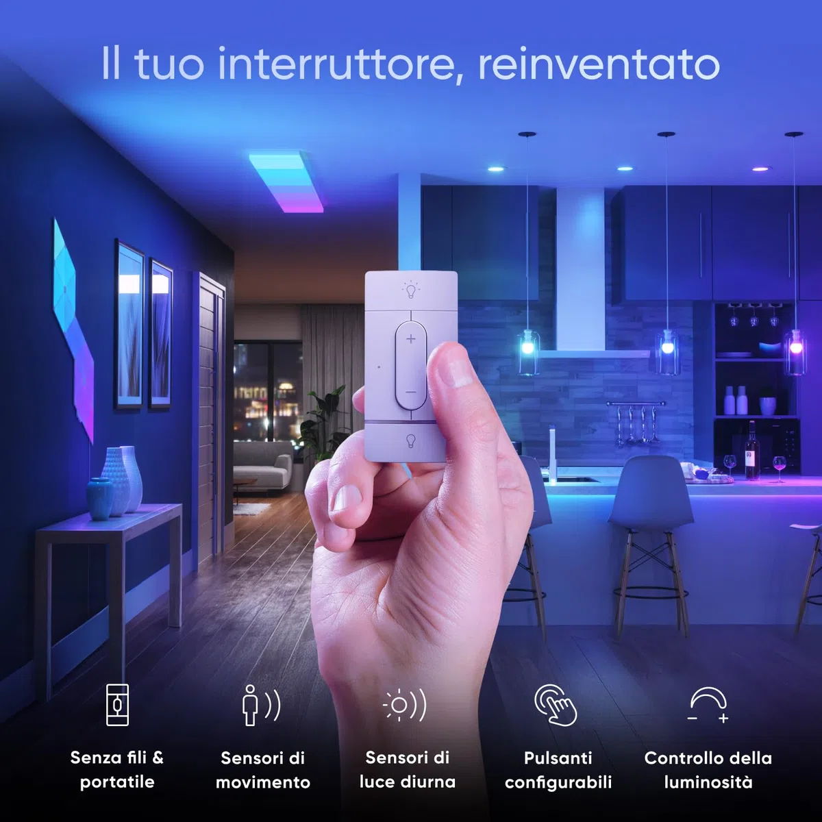 Nanoleaf Sense+, Interruttore Wireless Intelligente Portatile (senza Installazione) con 2 Pulsanti Configurabili, Remoto Dimmer Switch, Sensori di Movimento e Luce Diurna, Interno